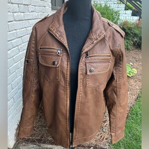 David Outwear The Julian Faux Leather Brown Moto Jacket SMALL $50